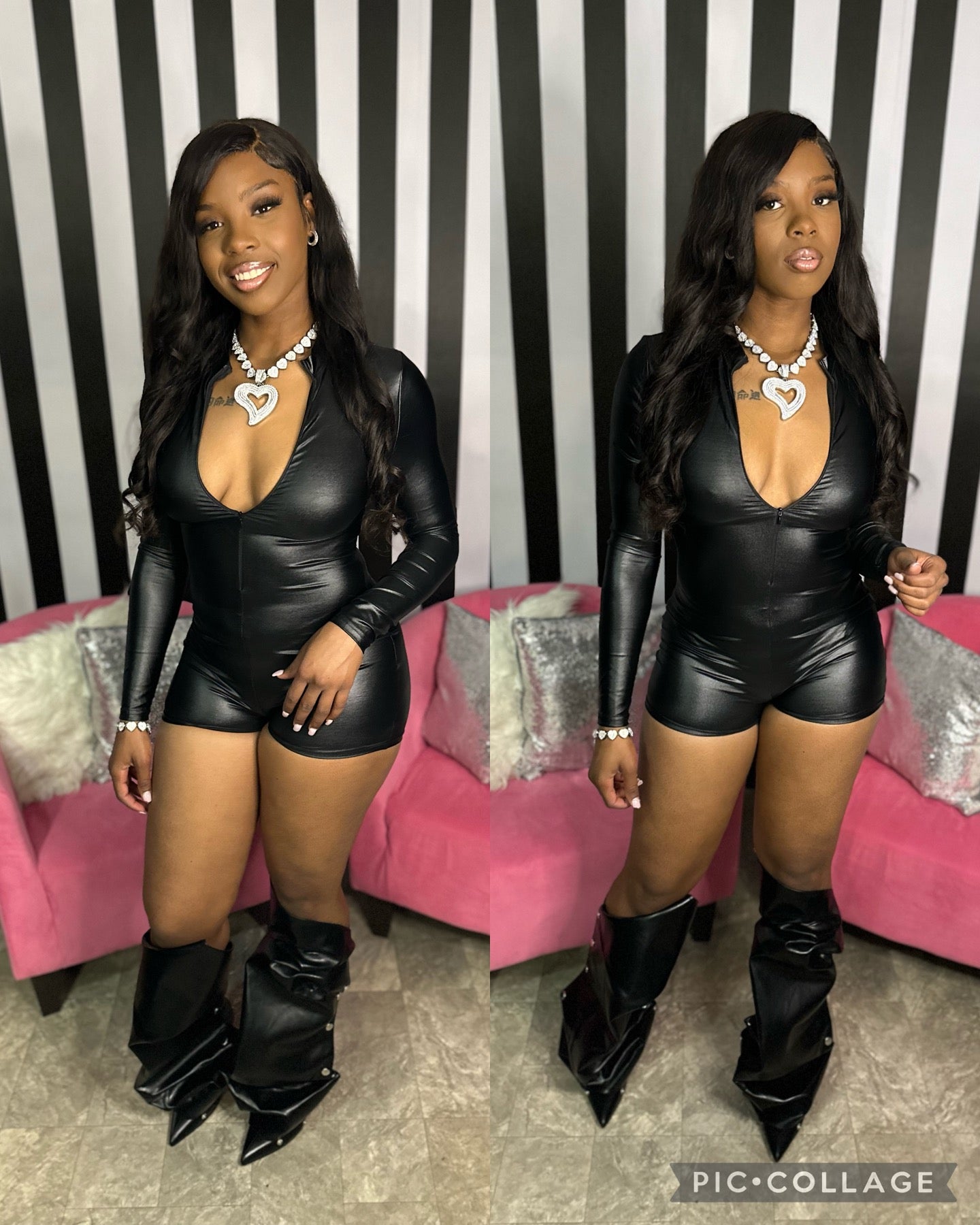 Black Long Sleeve Leather Romper