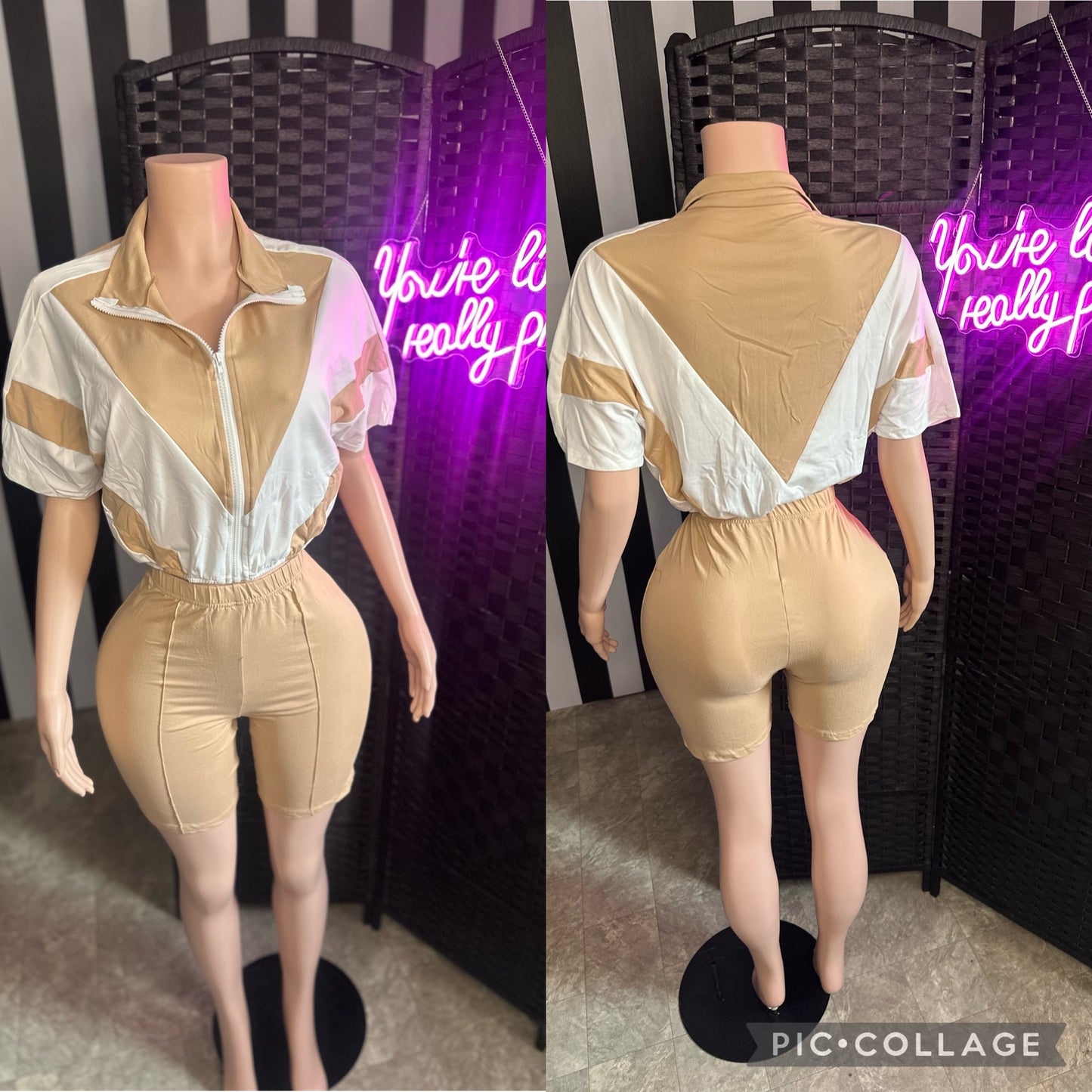 Tan/White 2pc Short Set