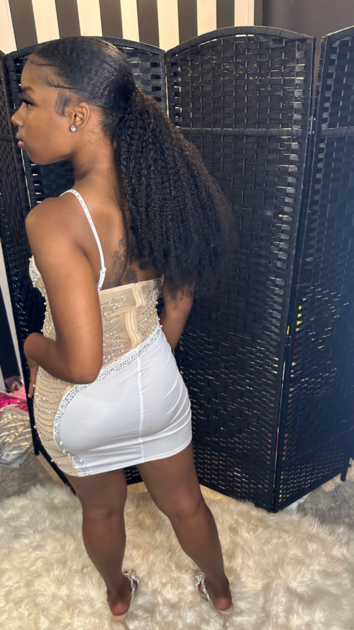 White Rhinestone Mesh Dress