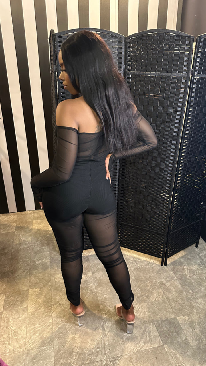 Black Mesh Long Sleeve Jumpsuit