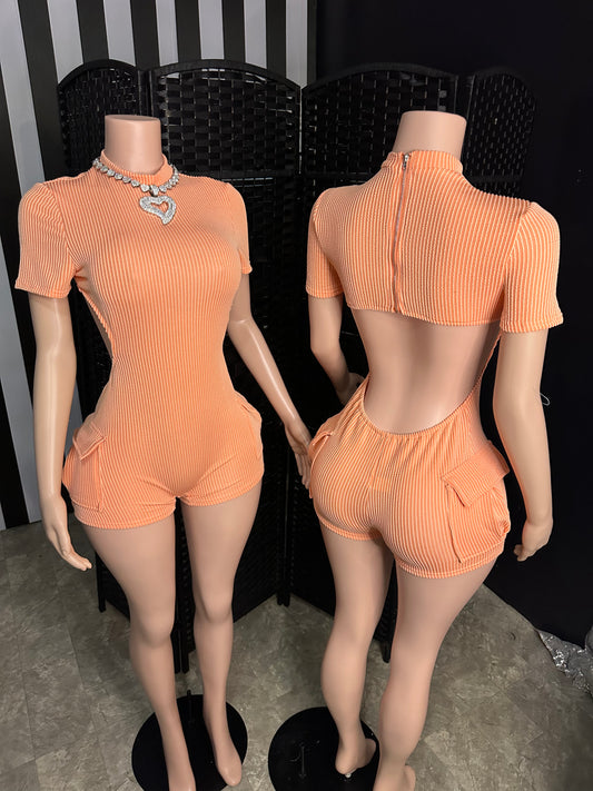 Orange Ribbed Open Back Romper