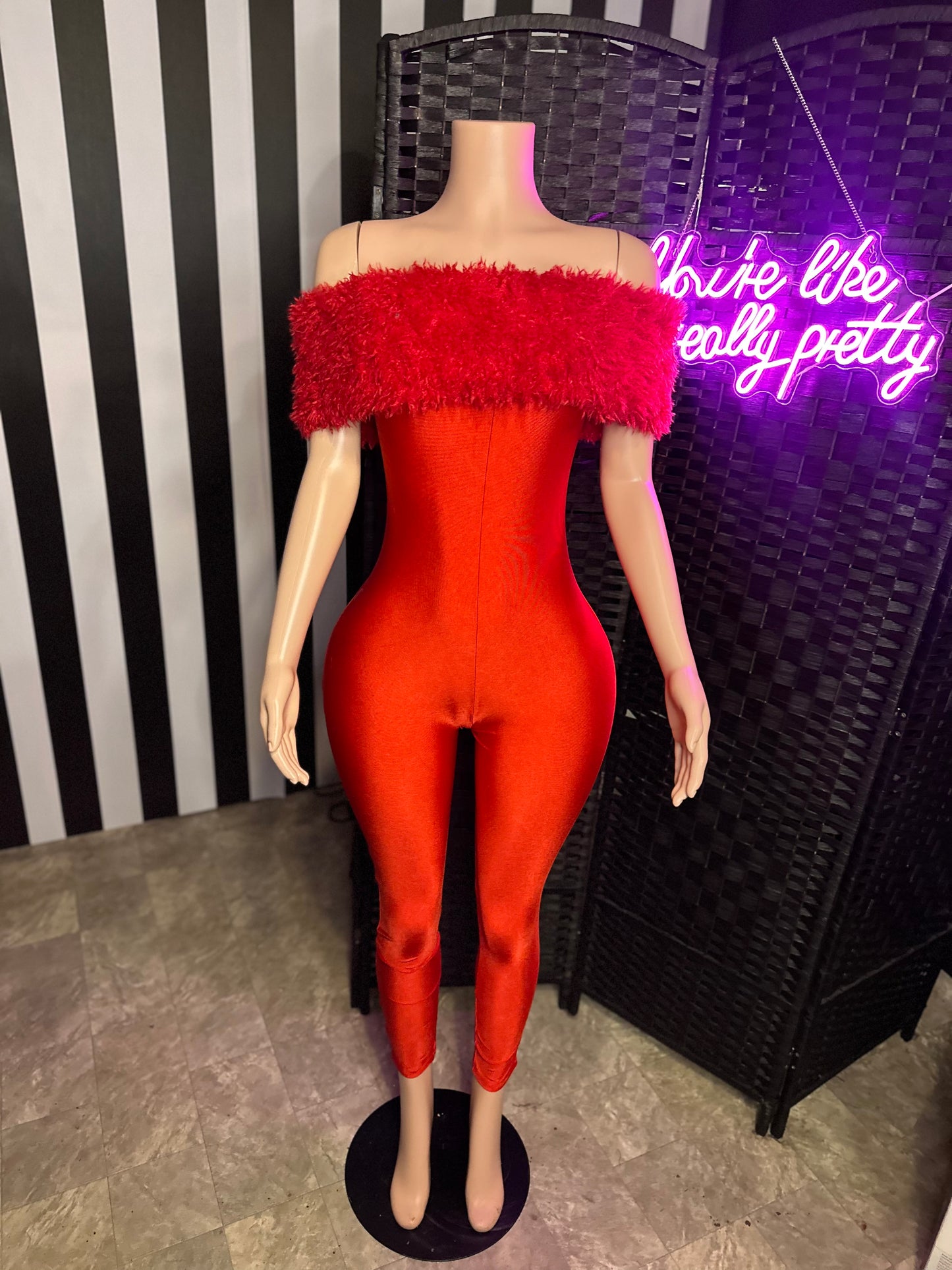 Red Offshoulder Fur Jumpsuit