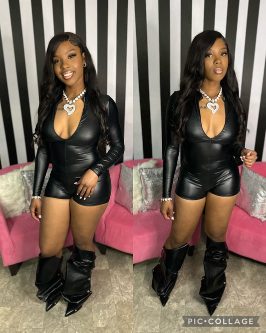 Black Long Sleeve Leather Romper