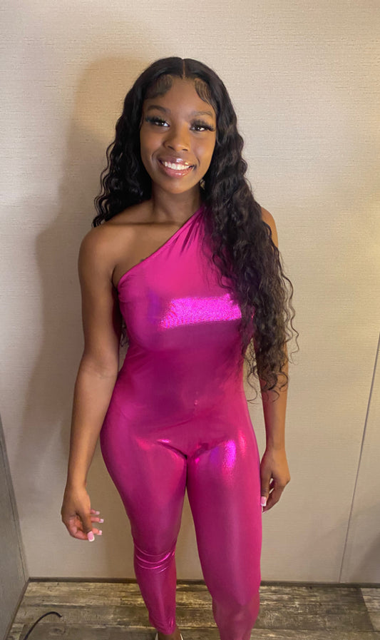Pink Metallic One Shoulder Jumpsuit