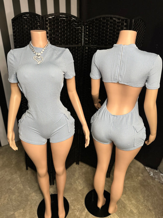 Blue Ribbed Open Back Romper