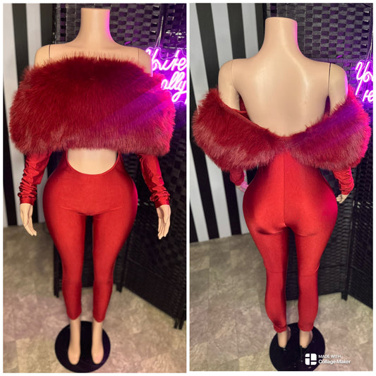 Maroon Fur Jumpsuit