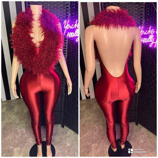 Red Fur Halter Jumpsuit