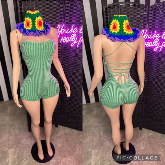 Green Ribbed Backless Romper