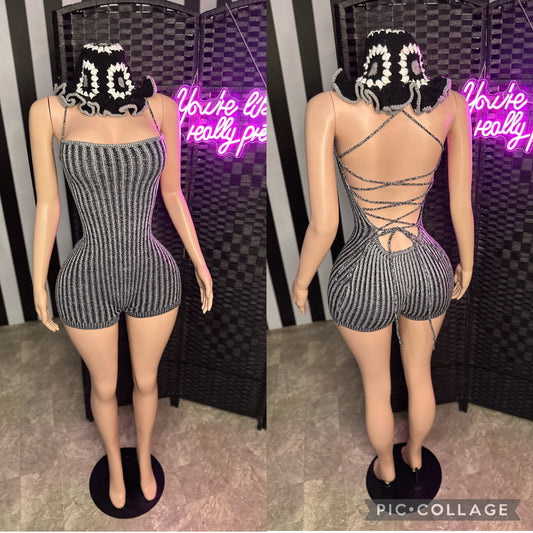Black Ribbed Backless Romper