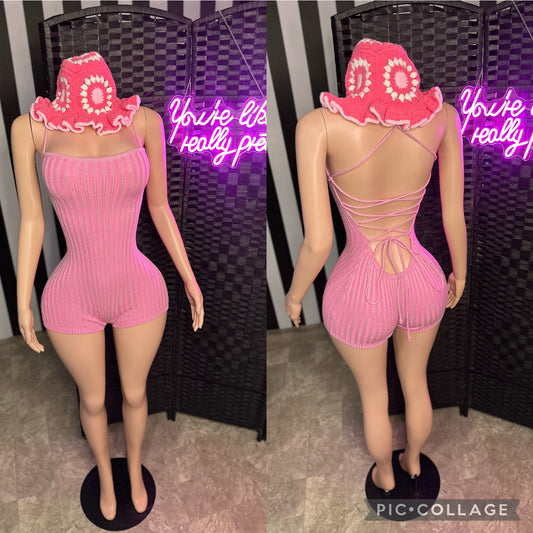 Pink Ribbed Backless Romper