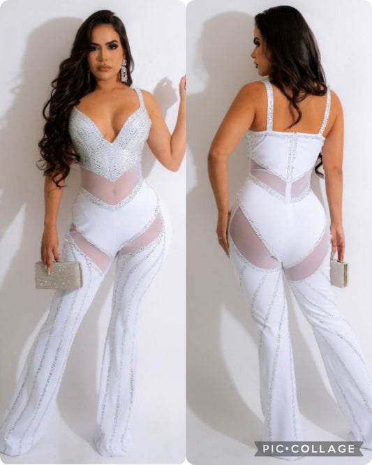 White Rhinestone Mesh Jumpsuit