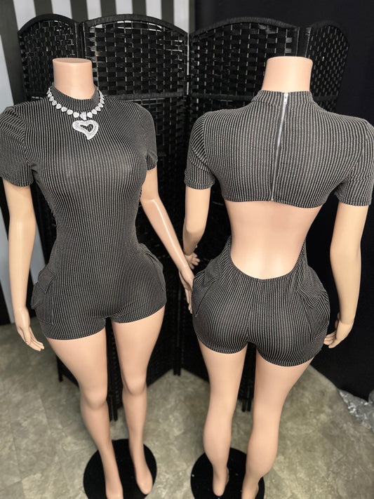 Black Ribbed Open Back Romper