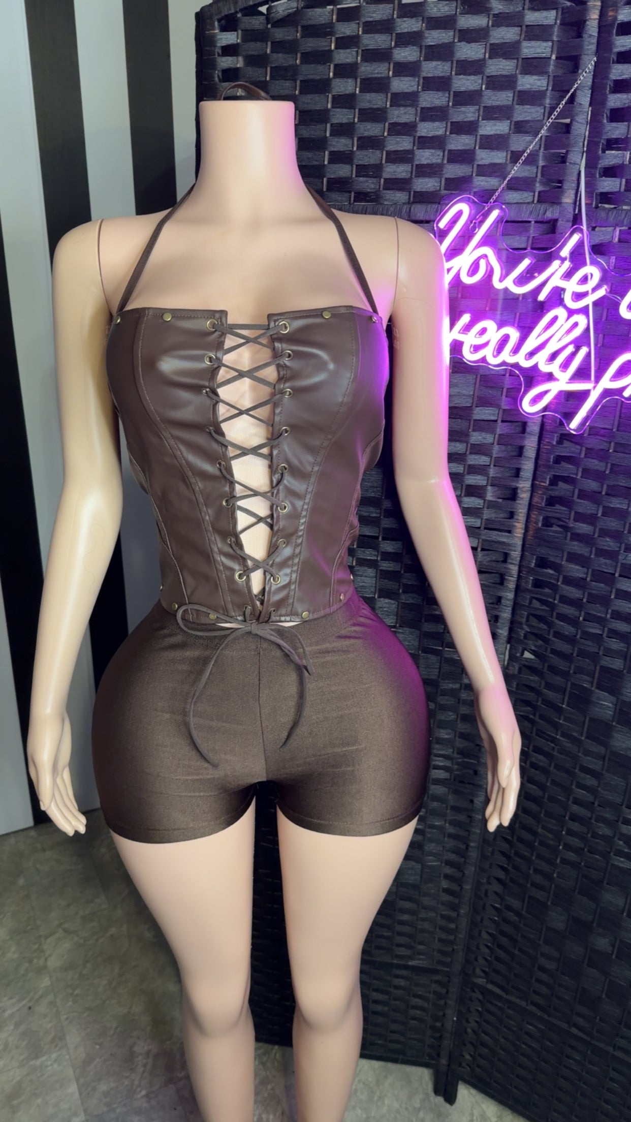 Brown Corset 2pc Short Set